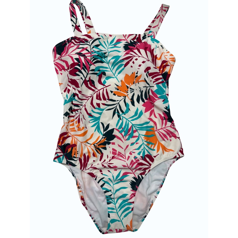 Eddie Bauer Swim One Piece Tropical Leaf Print Cutout Back Turquoise‎ Pink XL